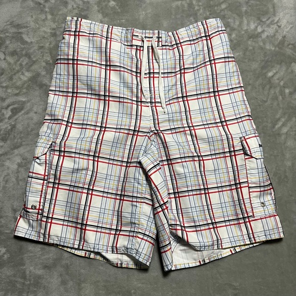 Beverly Hills Polo Club Plaid Swim Trunks Shorts Mens XL White Red Black - Picture 1 of 8